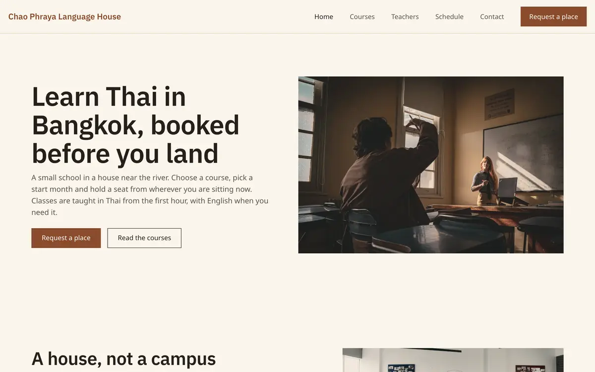 Chao Phraya Language House หน้าจอแรกของเว็บไซต์