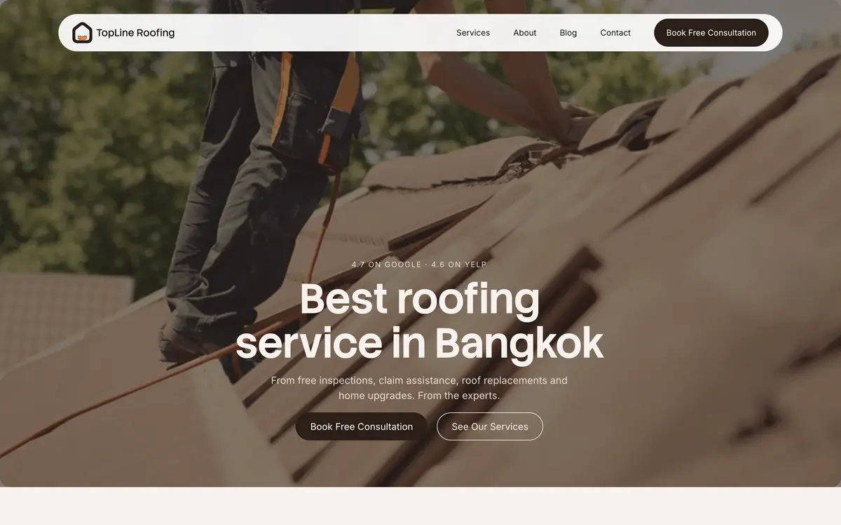 TopLine Roofing หน้าจอแรกของเว็บไซต์