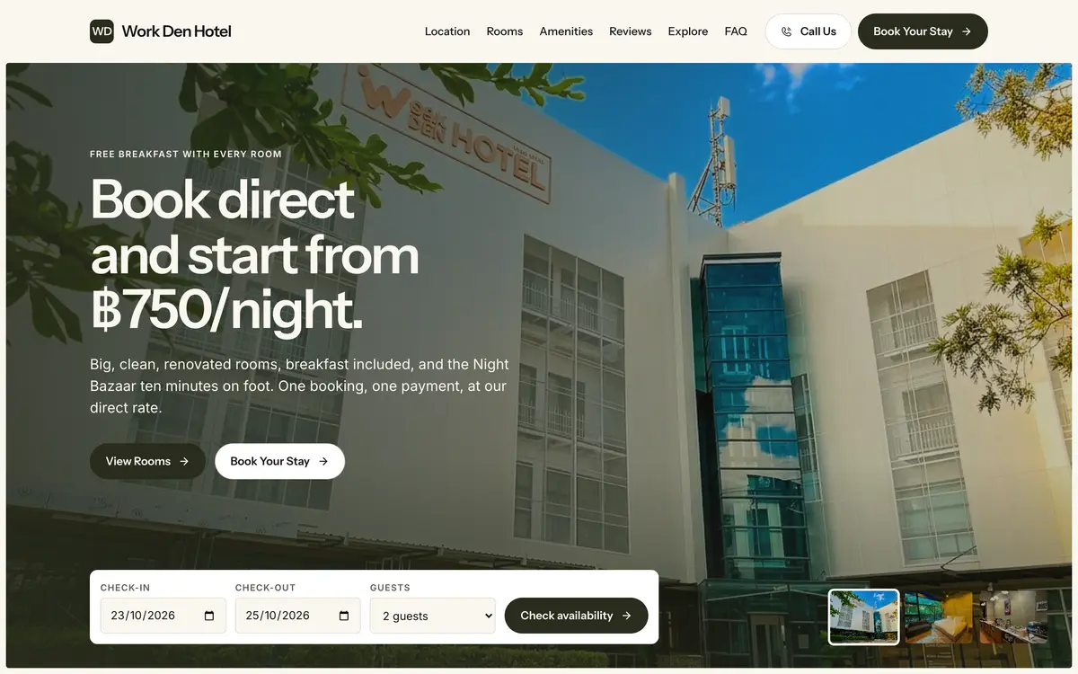 Work Den Hotel หน้าจอแรกของเว็บไซต์