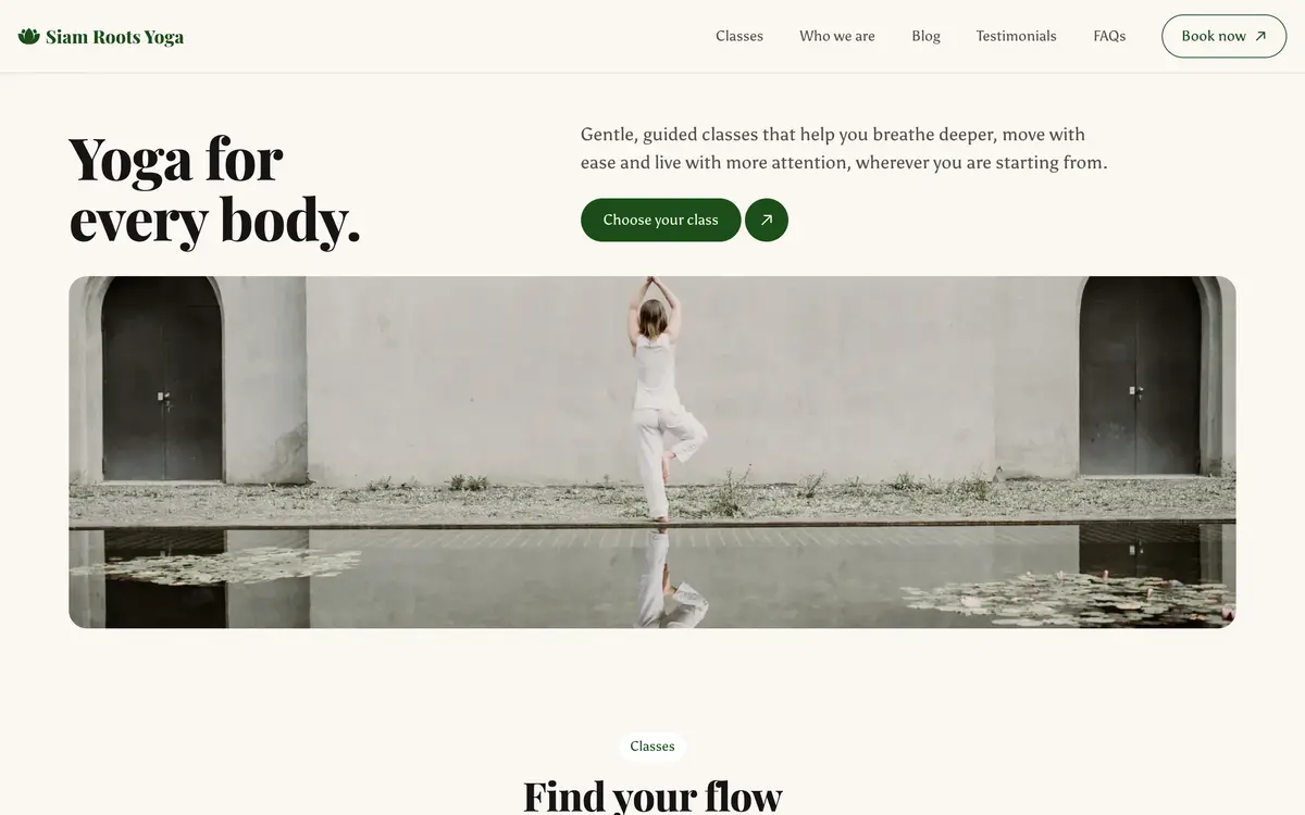 Siam Roots Yoga หน้าจอแรกของเว็บไซต์