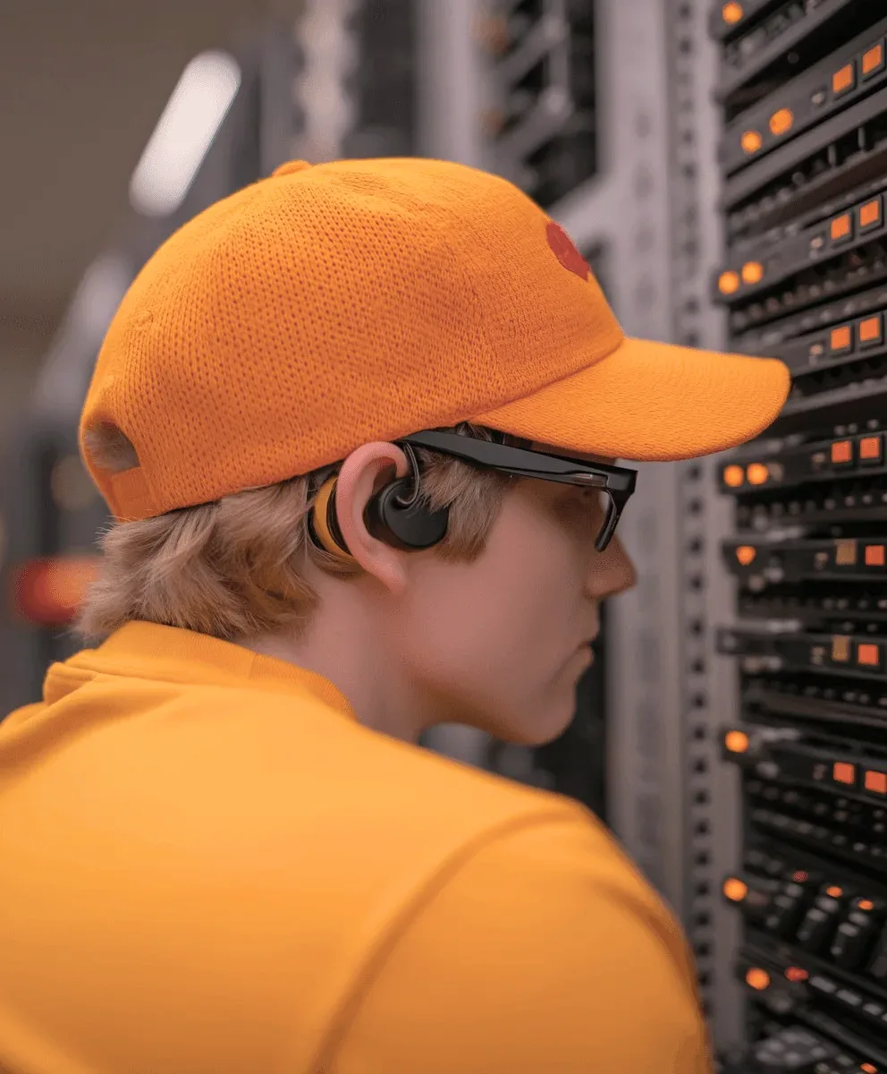 A technician in an orange cap at a server rack.