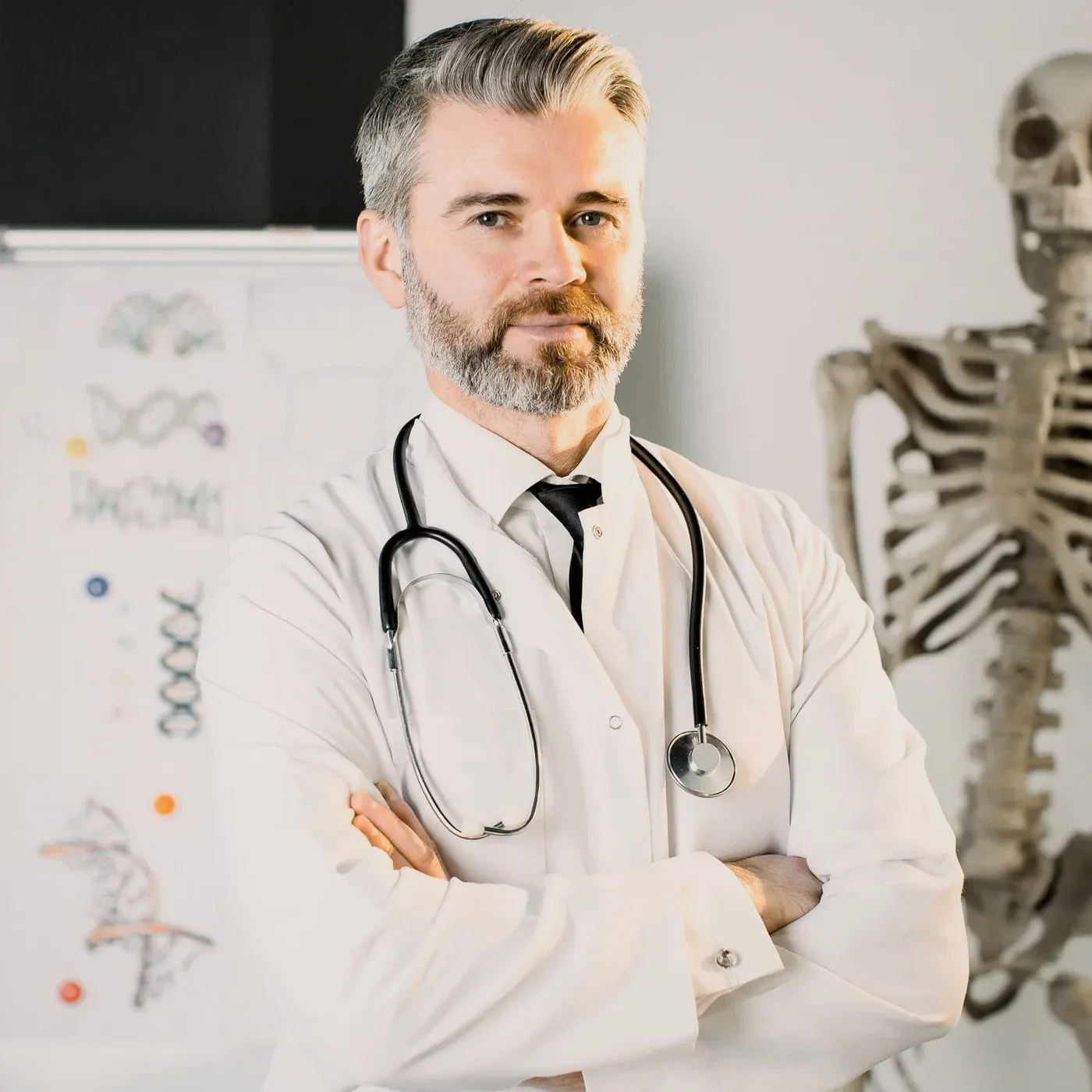 A grey-bearded man in a white coat, arms crossed.