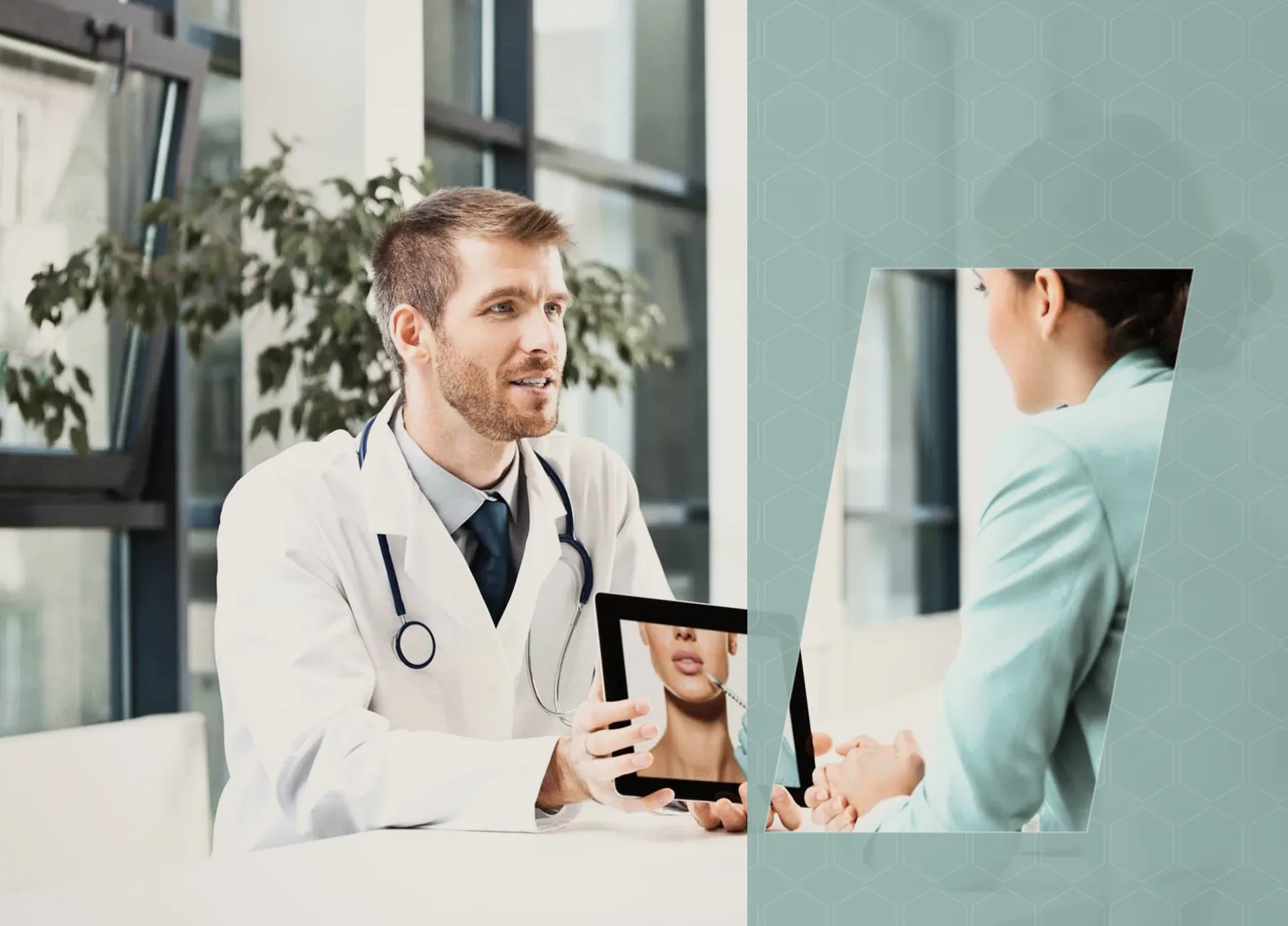 A consultation at a clinic desk, a tablet between the doctor and the patient; a teal panel at the right.