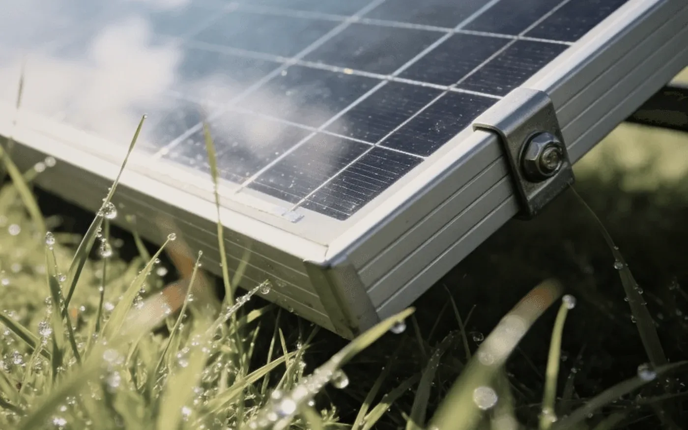 A solar panel in wet grass.
