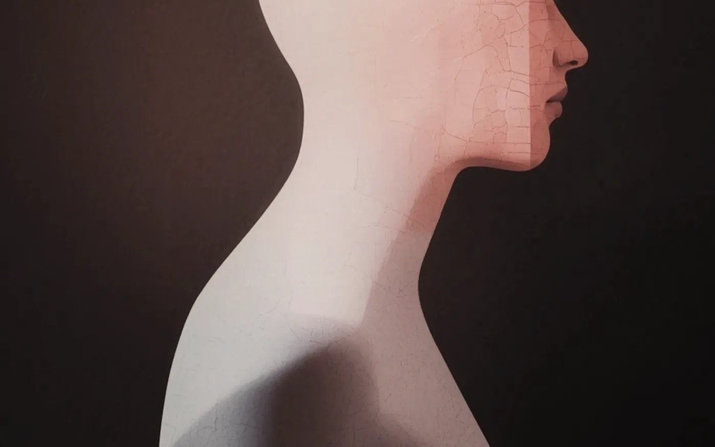 A head in profile under a pink glow.