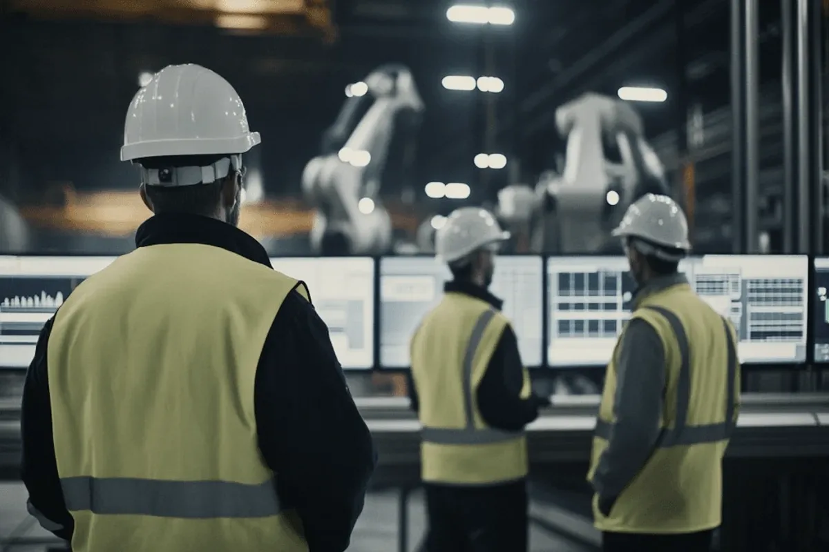 Workers in helmets and hi-vis before screens.