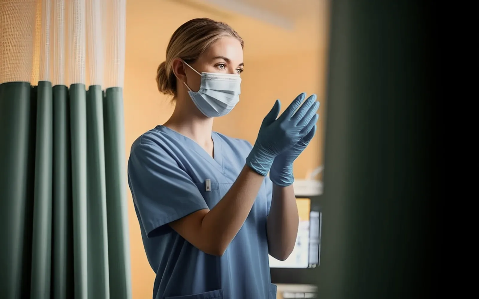 A nurse in blue gloves by green curtains.