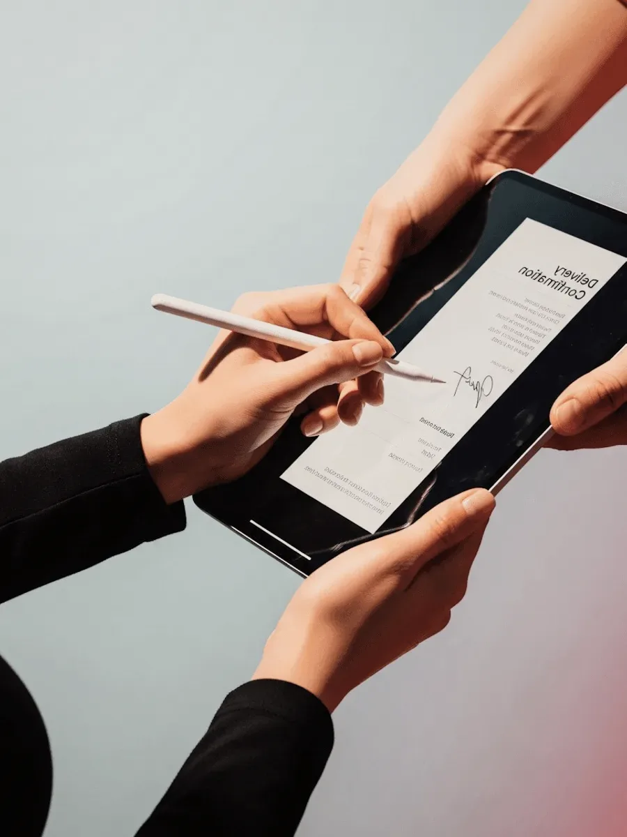 Hands signing a delivery confirmation on a tablet.
