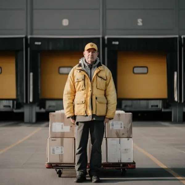 A worker in a yellow jacket at a loading dock.