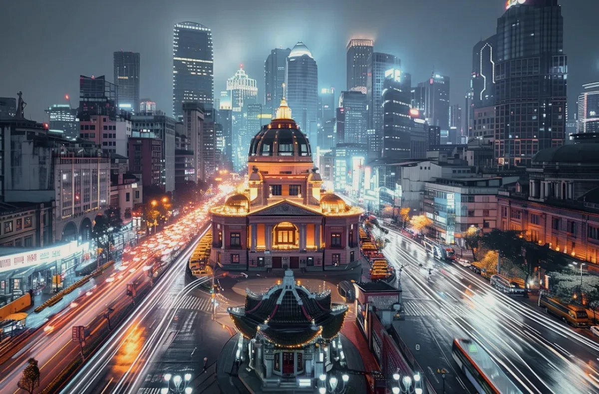 A city at night in light trails.