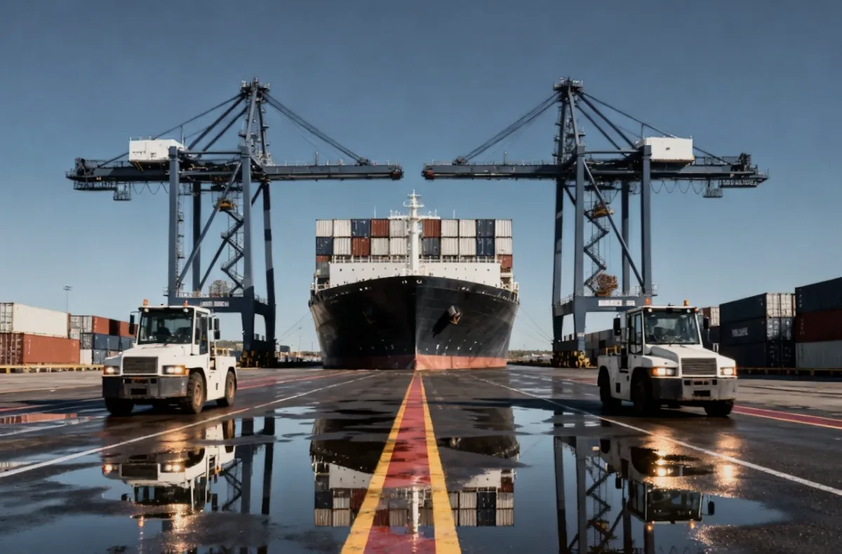 Cranes and a ship at a wet quay.