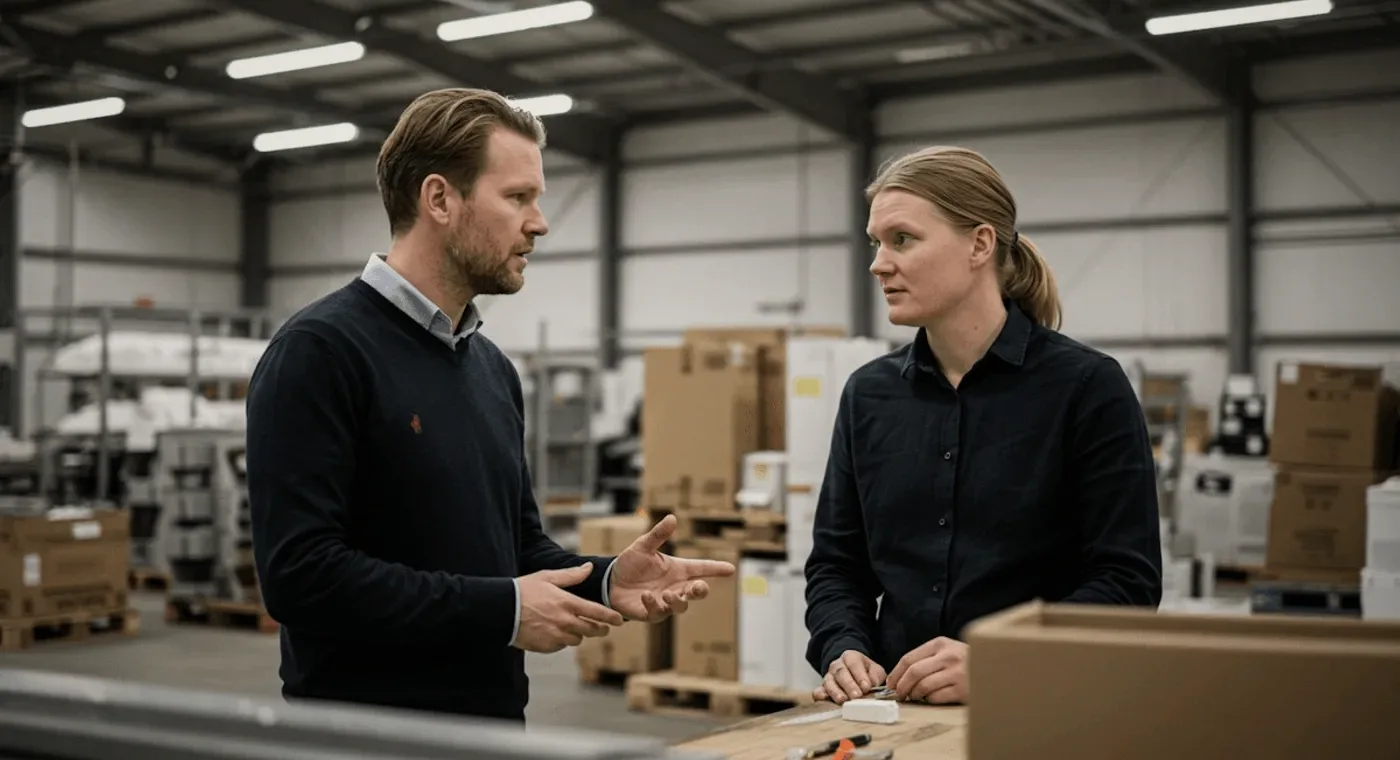 Two colleagues talking in a warehouse aisle.