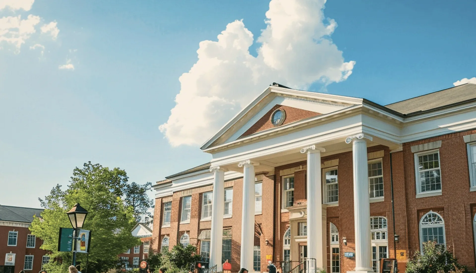 A brick college hall with white columns under clouds.