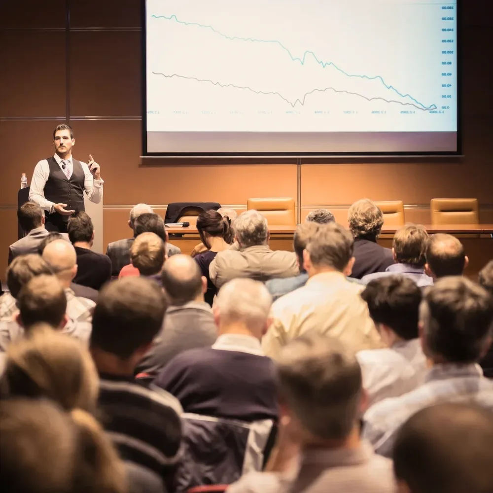 A speaker before a full auditorium.