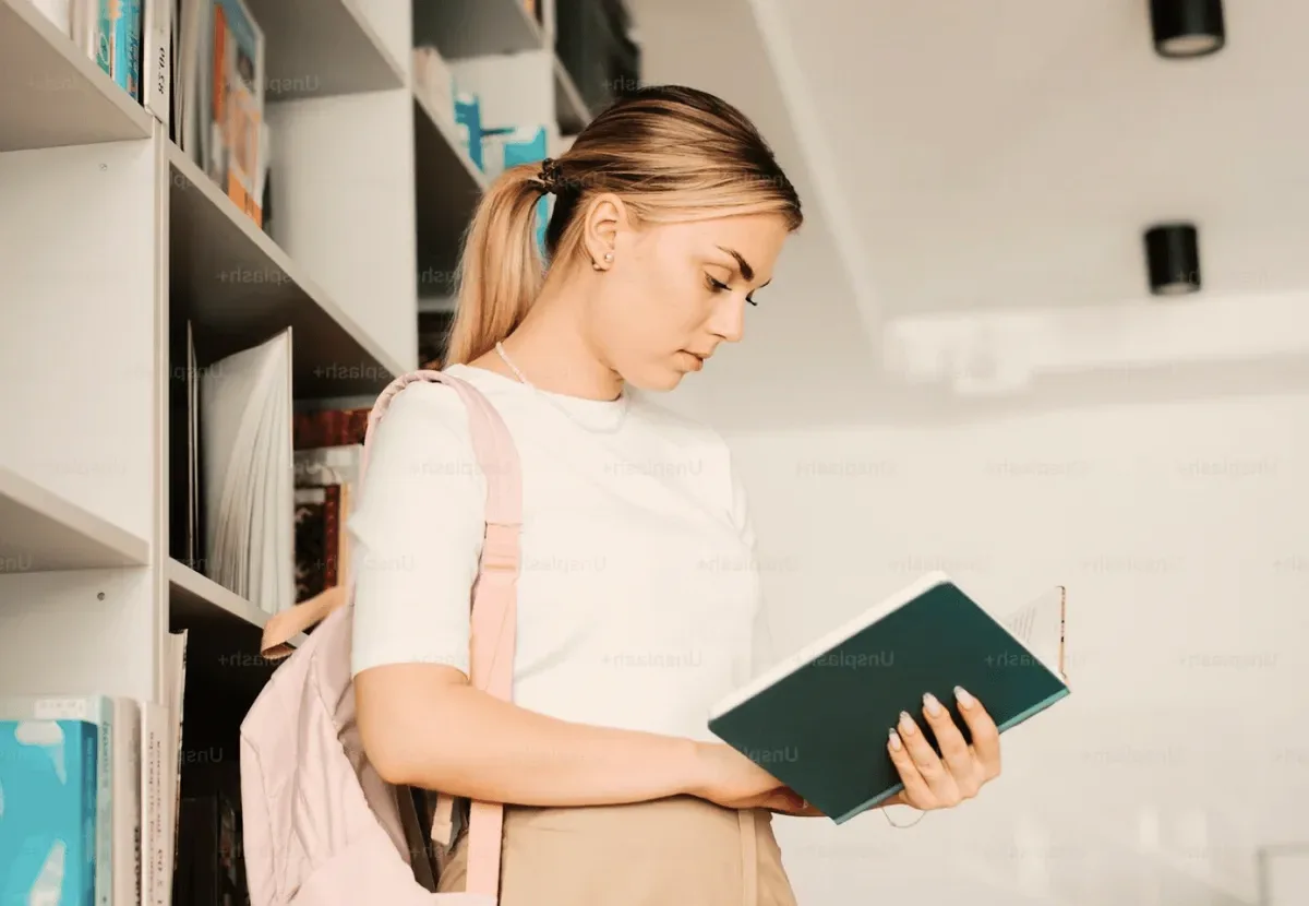 A student reading in the library stacks.