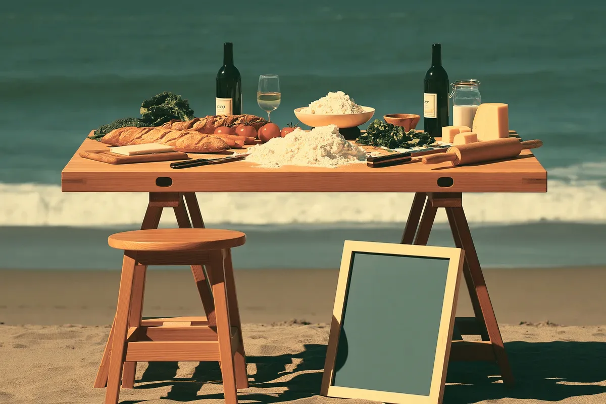 A trestle table of food on a beach, a stool and a blank board beside it.