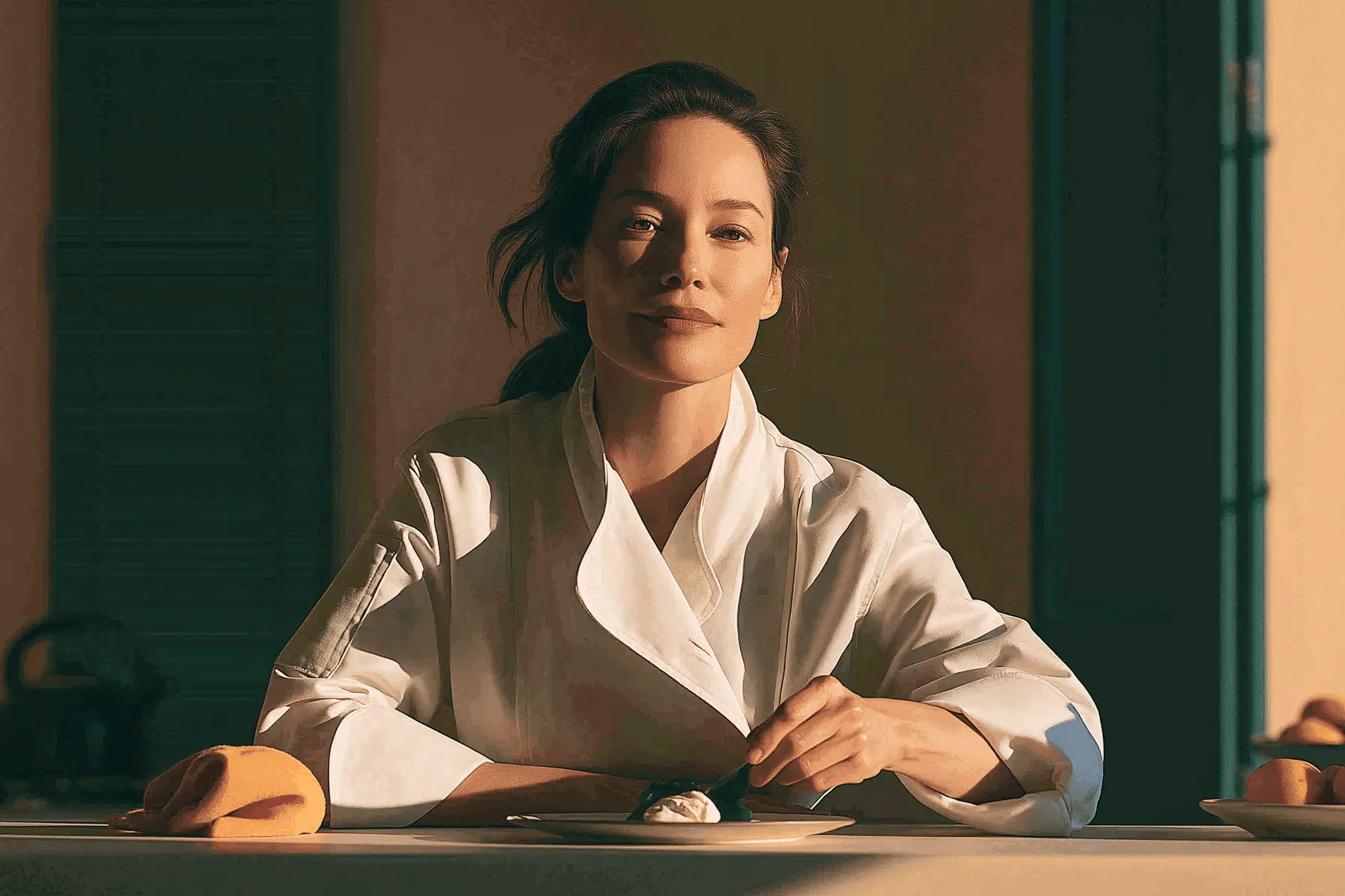 A chef in white seated at a table, a plate before her.
