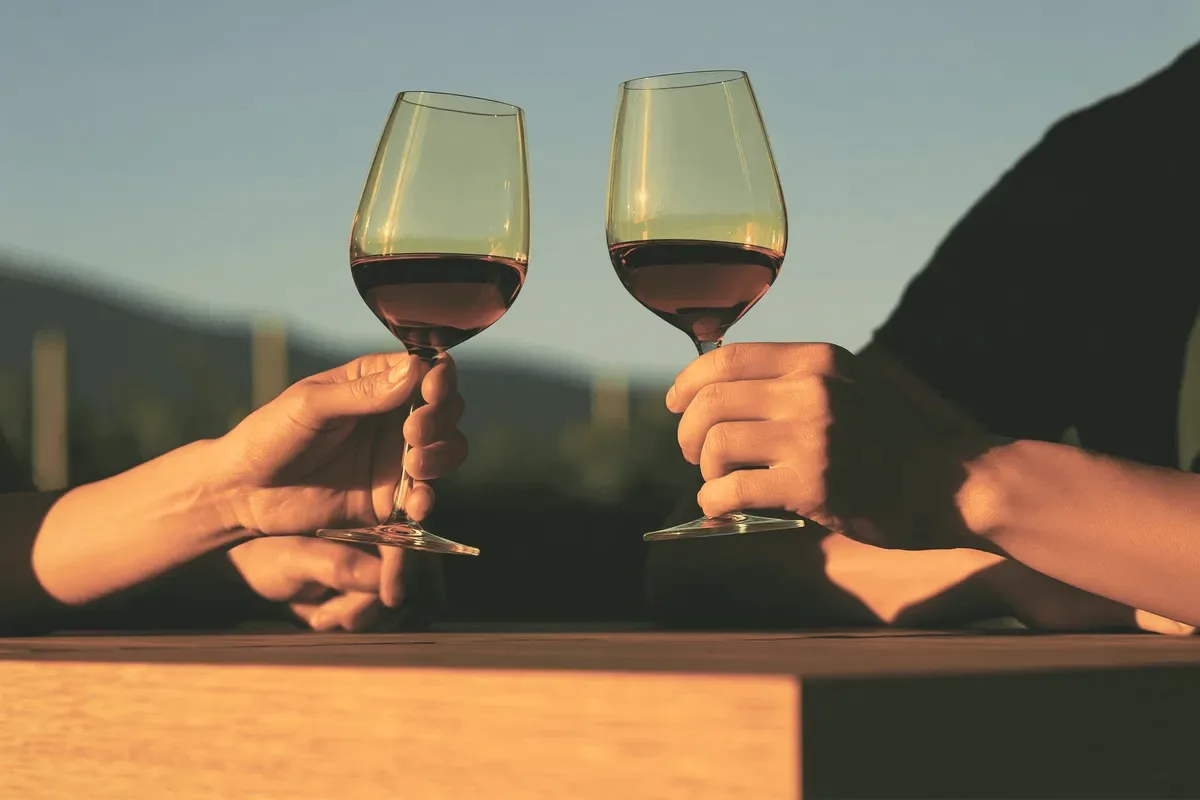 Two hands raising wine glasses.