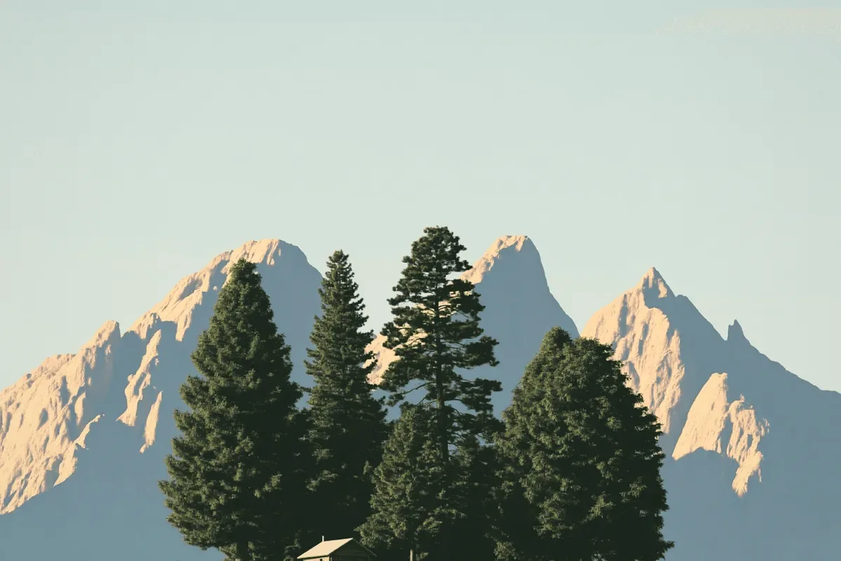 Pines on a hill under peaks.