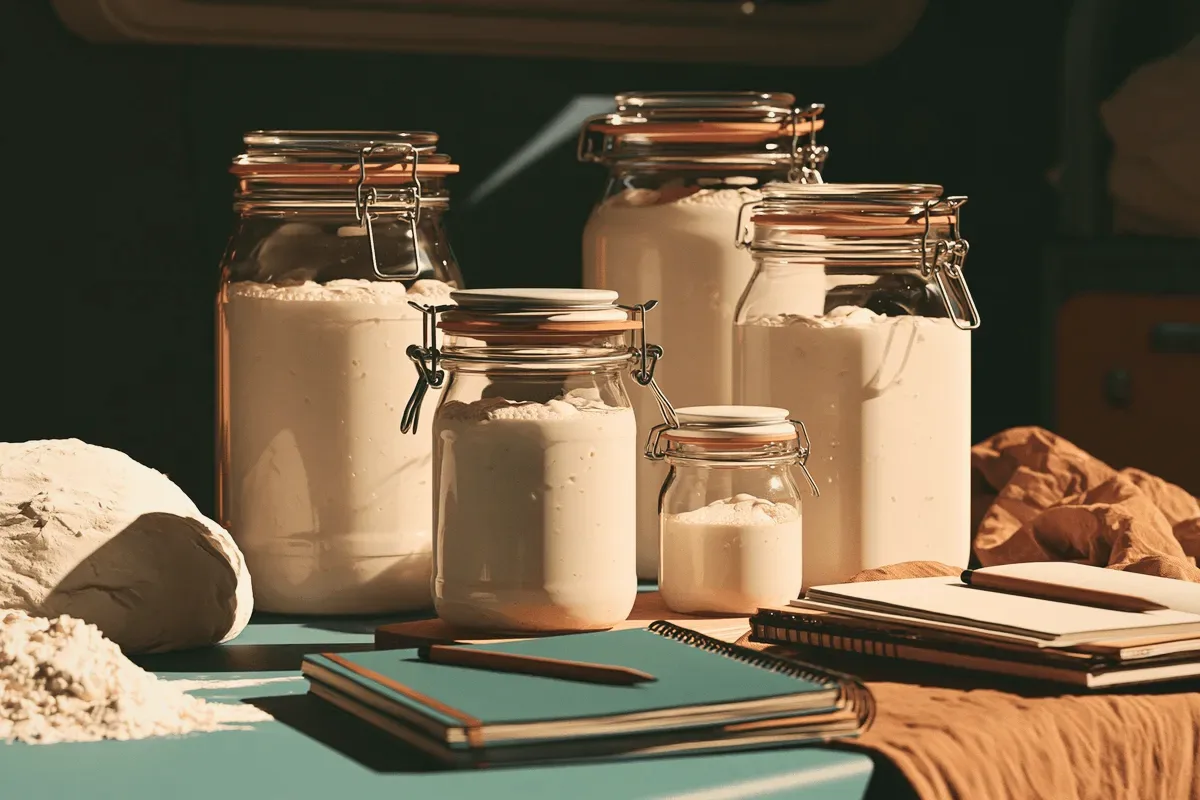 Jars of flour and grain on a counter.