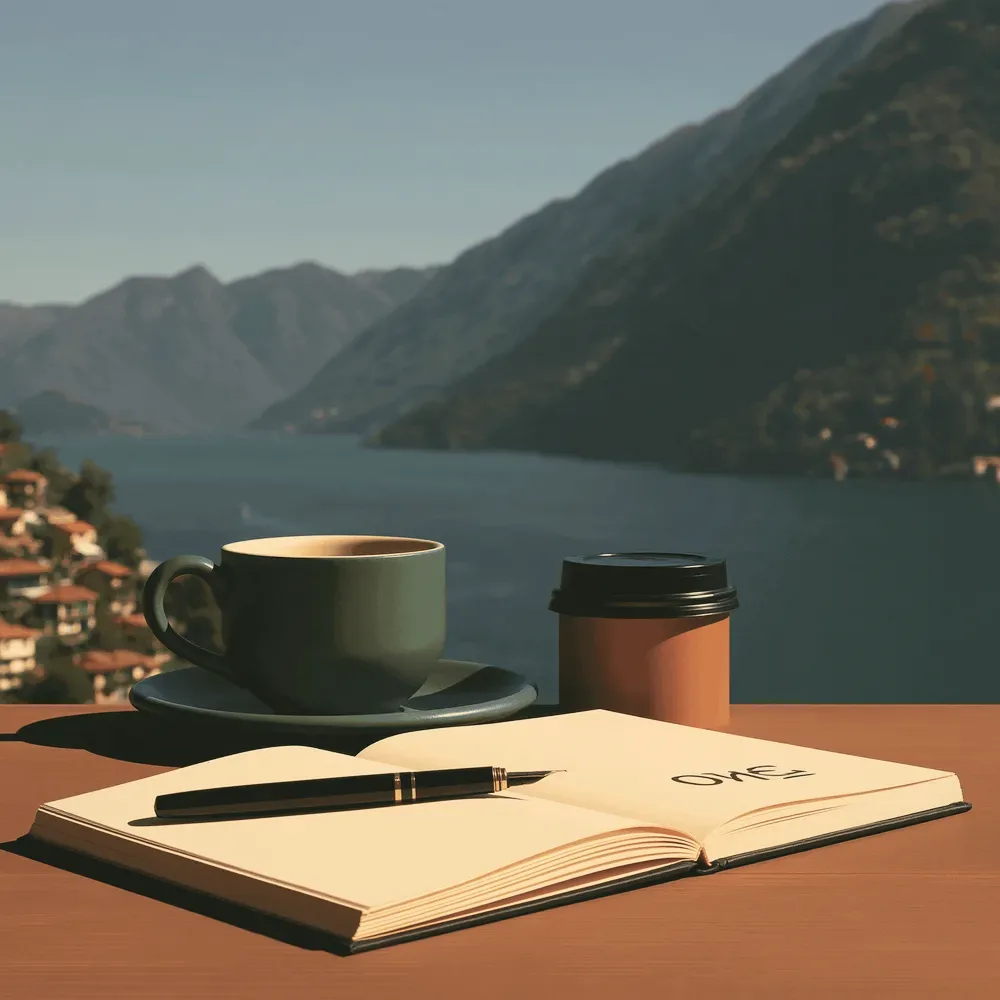 A notebook, a pen and a coffee on a table by a lake.