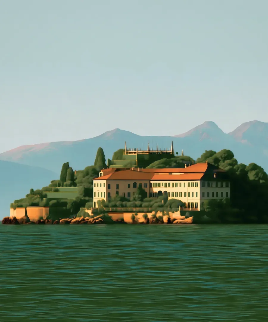 A villa on a hill among cypresses.