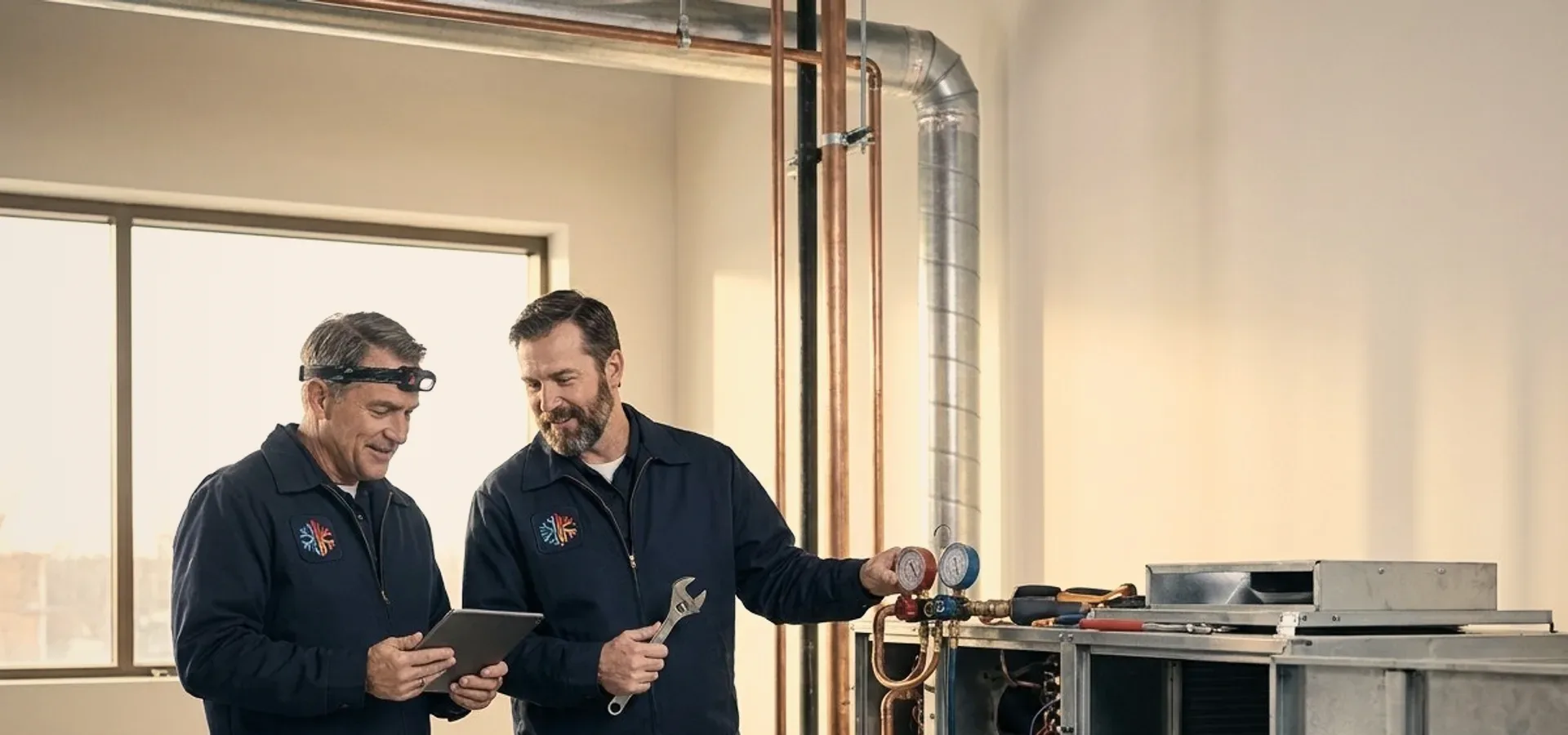 Two technicians with a tablet beside an open unit.