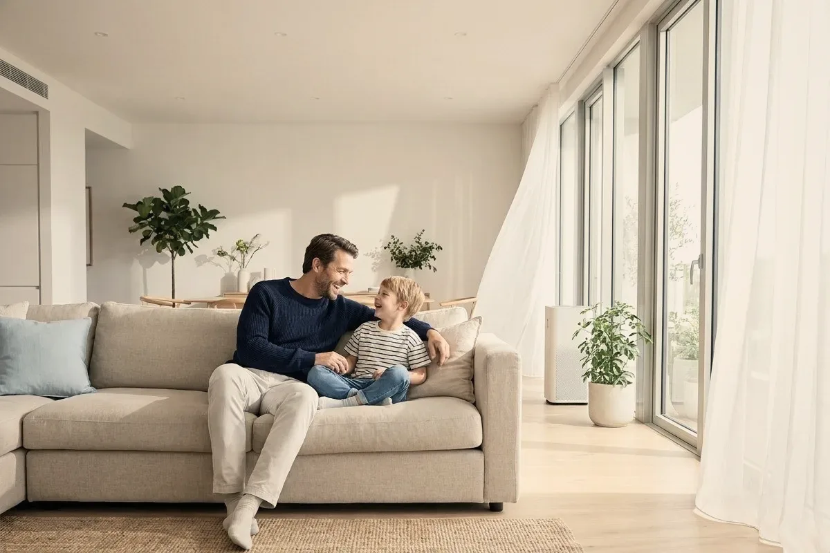 A father and child on a sofa in a bright room.