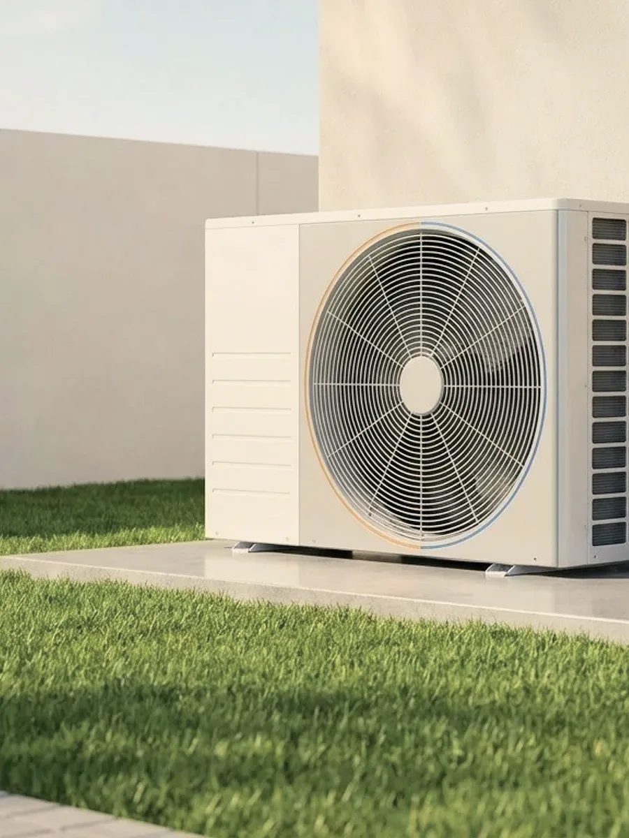 An outdoor air-conditioning unit on a lawn.