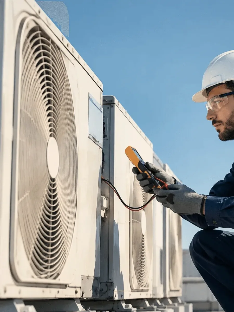 A technician in a white helmet at a wall unit.