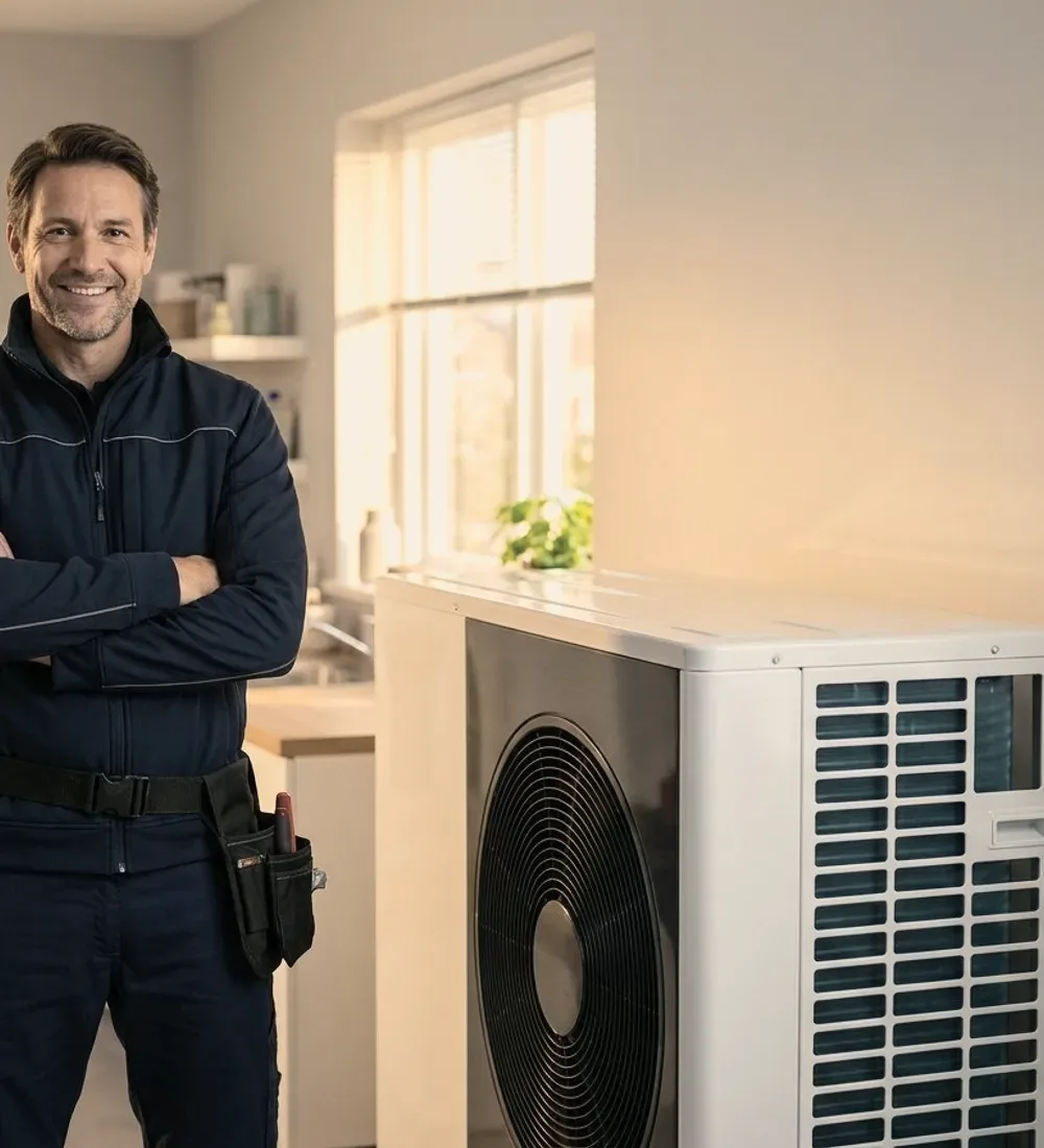 A technician with arms crossed beside an indoor unit.