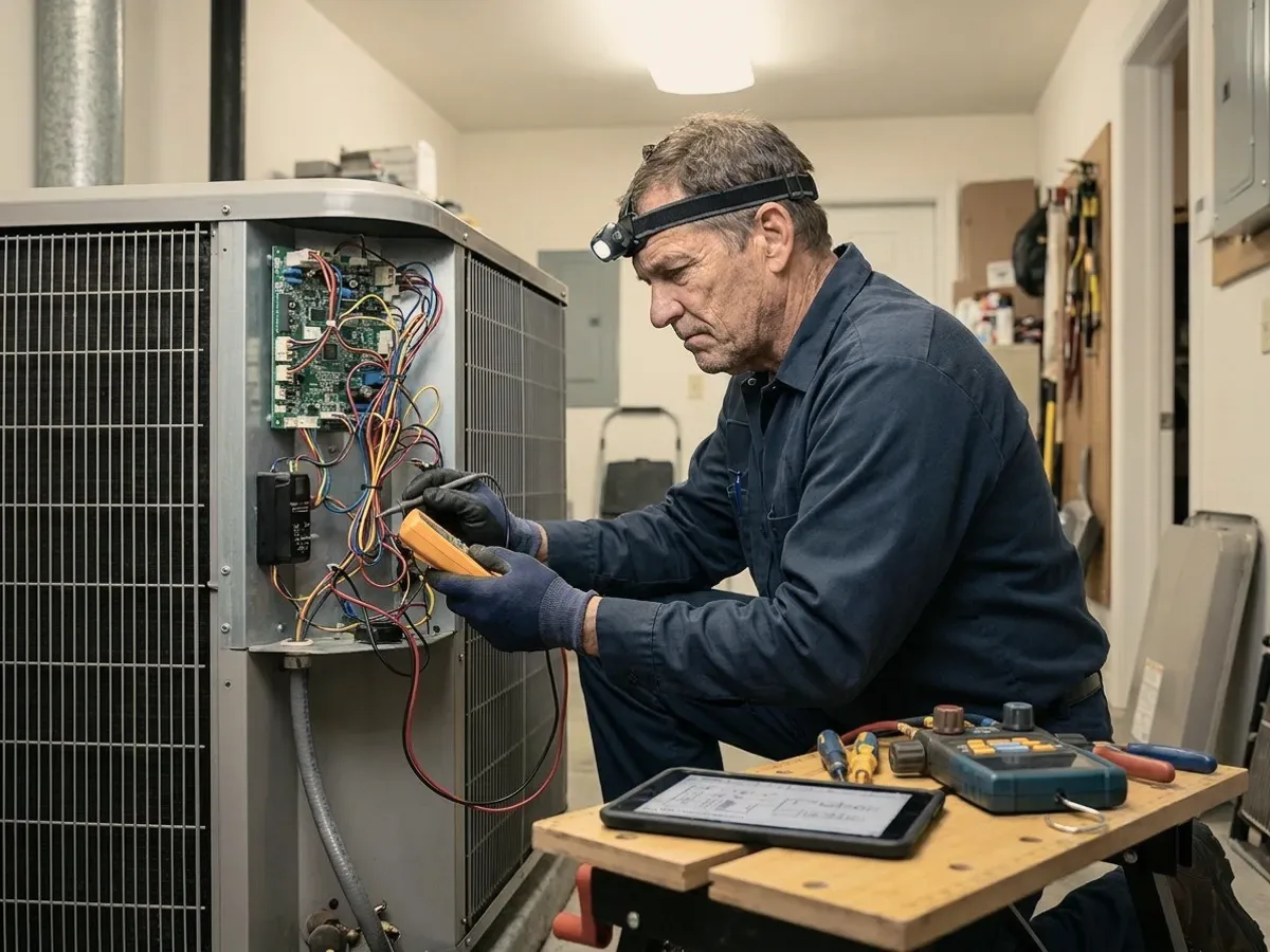 A technician with a headlamp at an open panel.