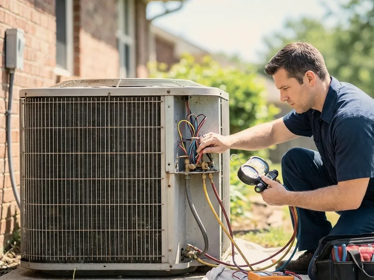 A technician at an outdoor unit with gauges.