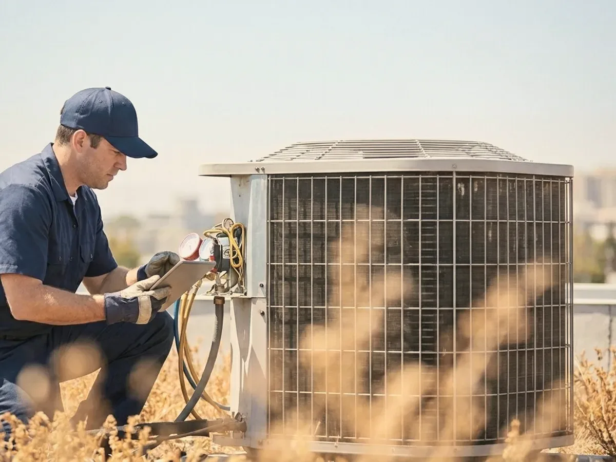 A technician in a field at an outdoor unit.