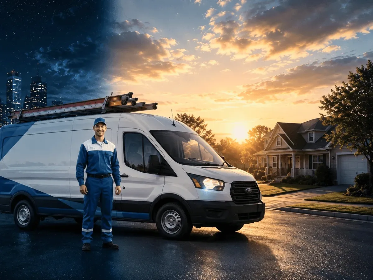 A technician beside a van at sunset.