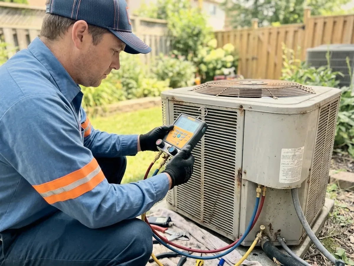 A technician with a meter at an outdoor unit.