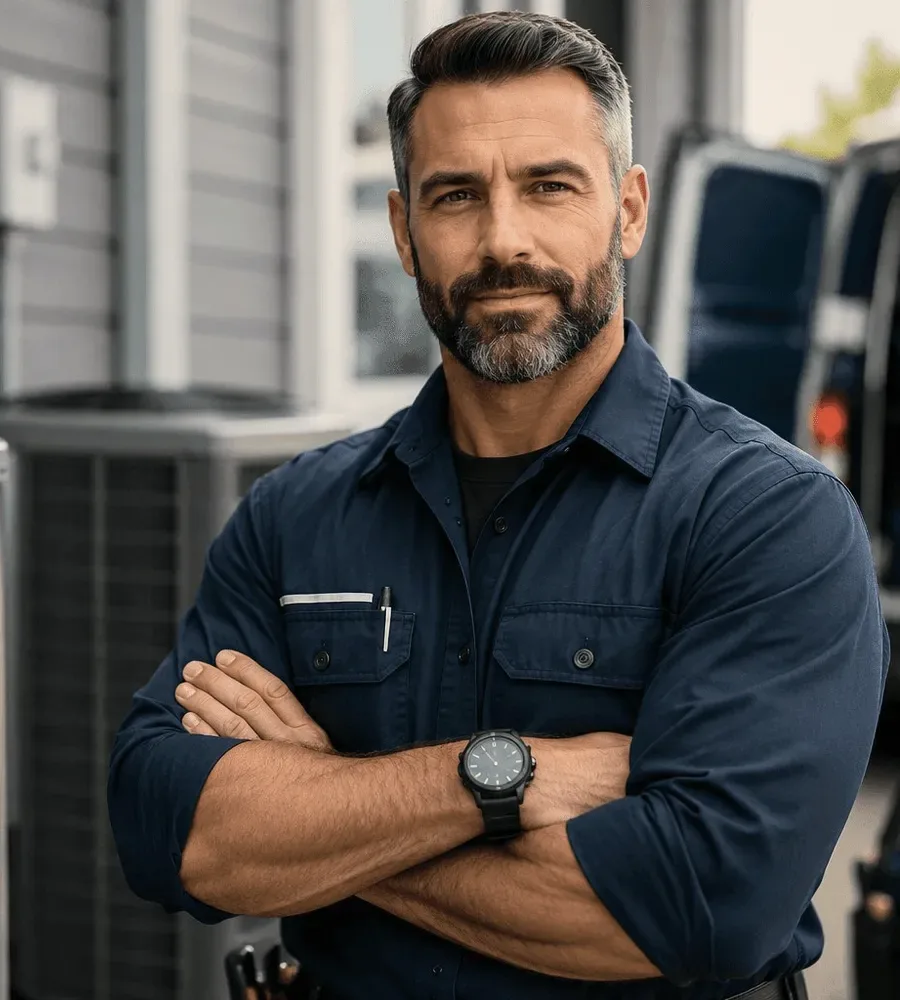 A bearded technician in navy.