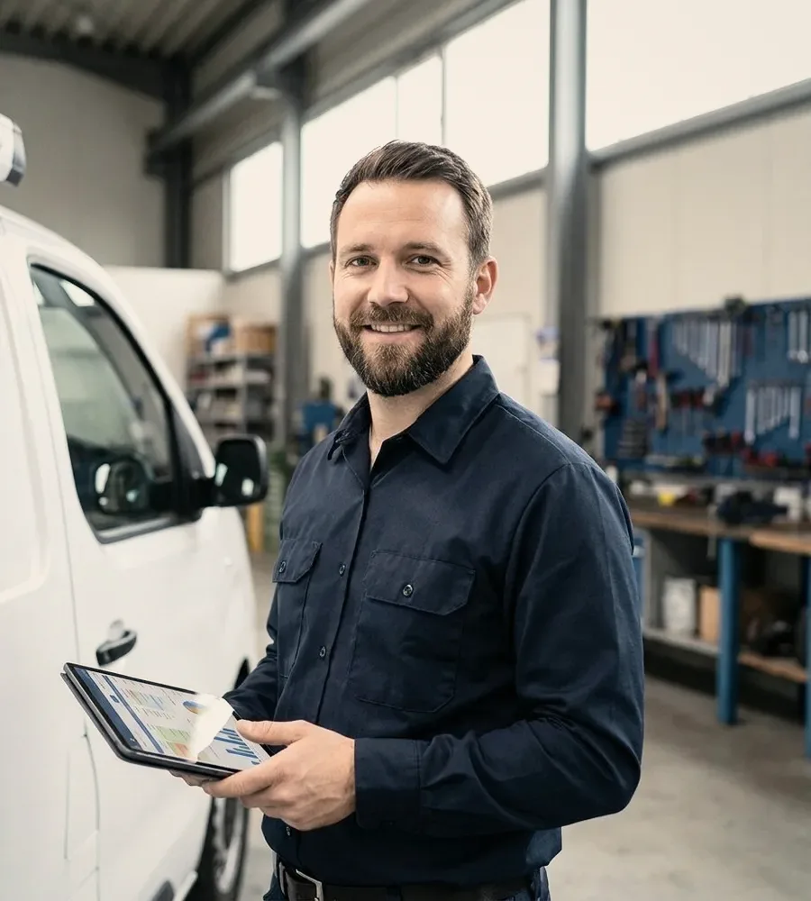 A technician with a tablet by a van, smiling.