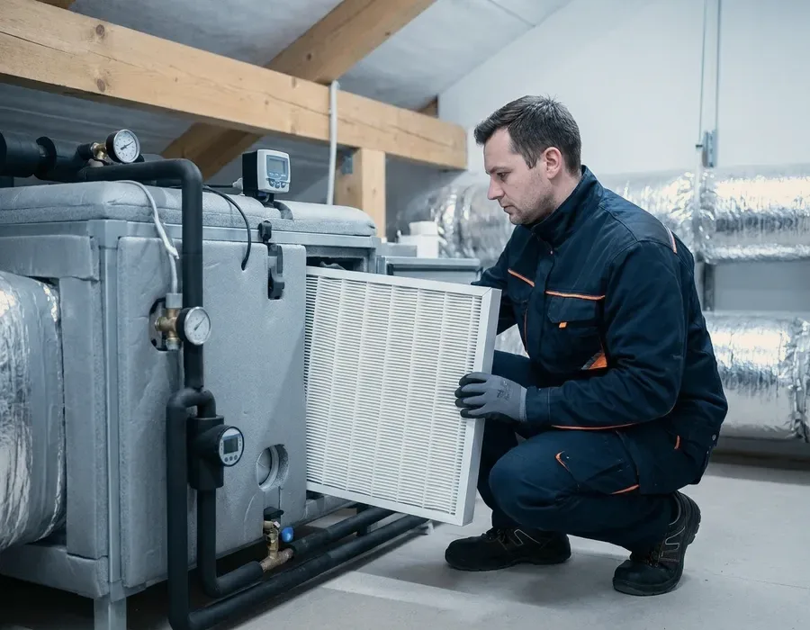 A technician holding a filter beside a boiler.