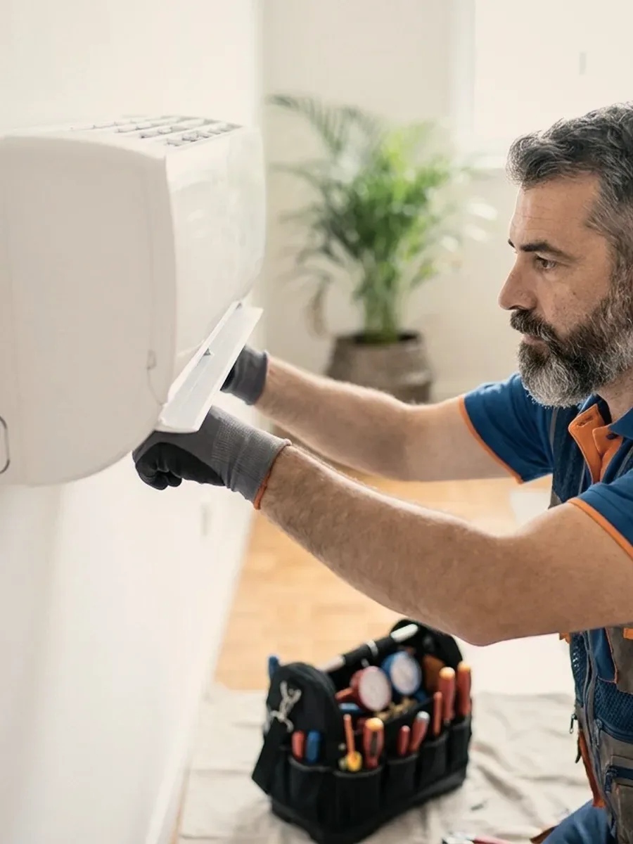 A technician at a wall unit with a bag of tools.