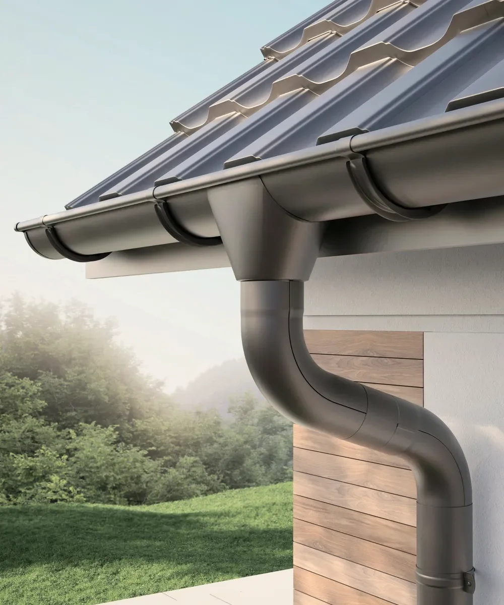 A grey gutter on a tiled edge in mist.