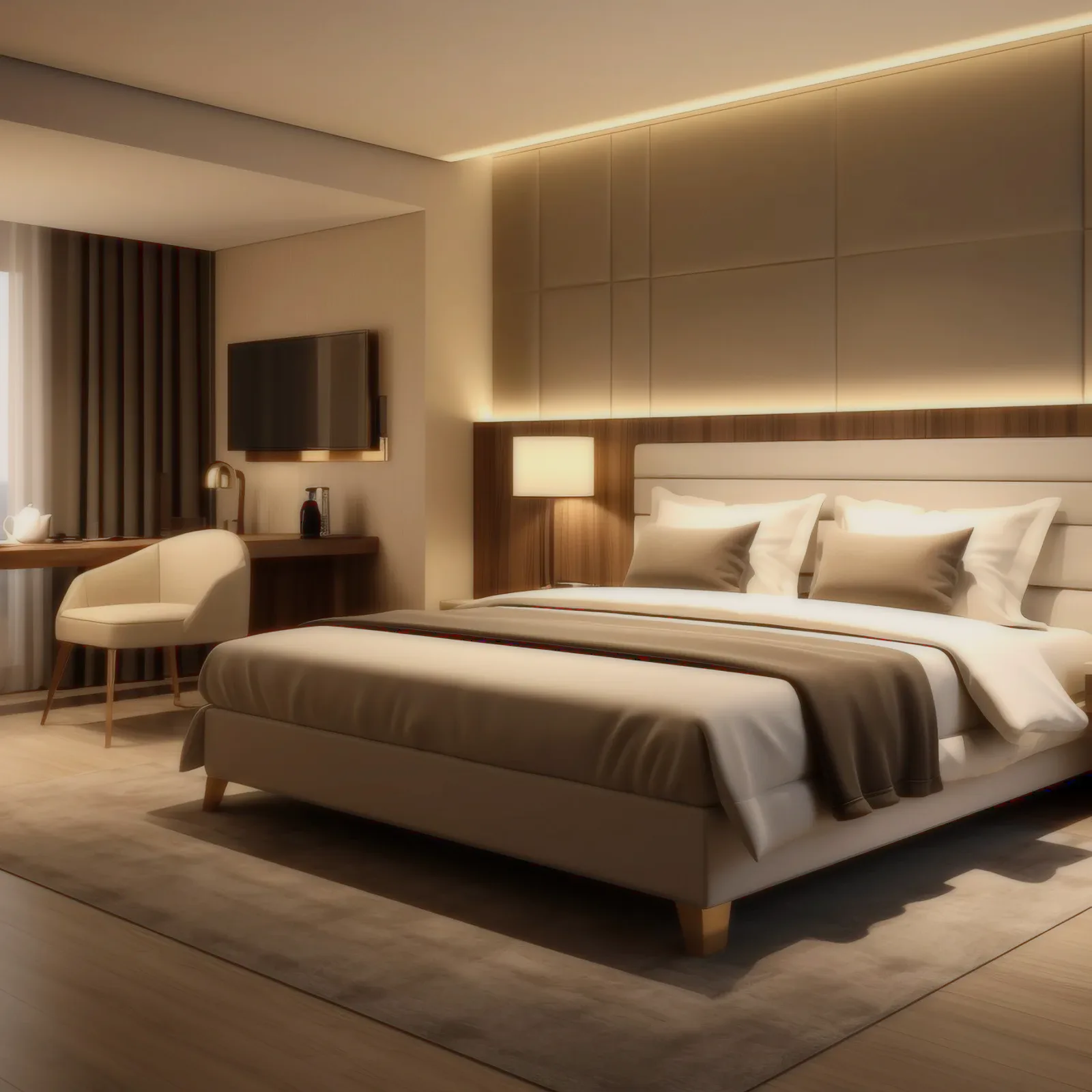 A room with a padded headboard, desk and chair.