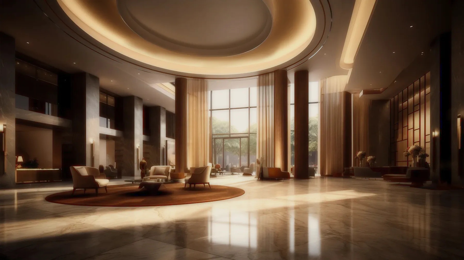 The lobby at dusk: a round lit ceiling, tall curtains, a lounge below.