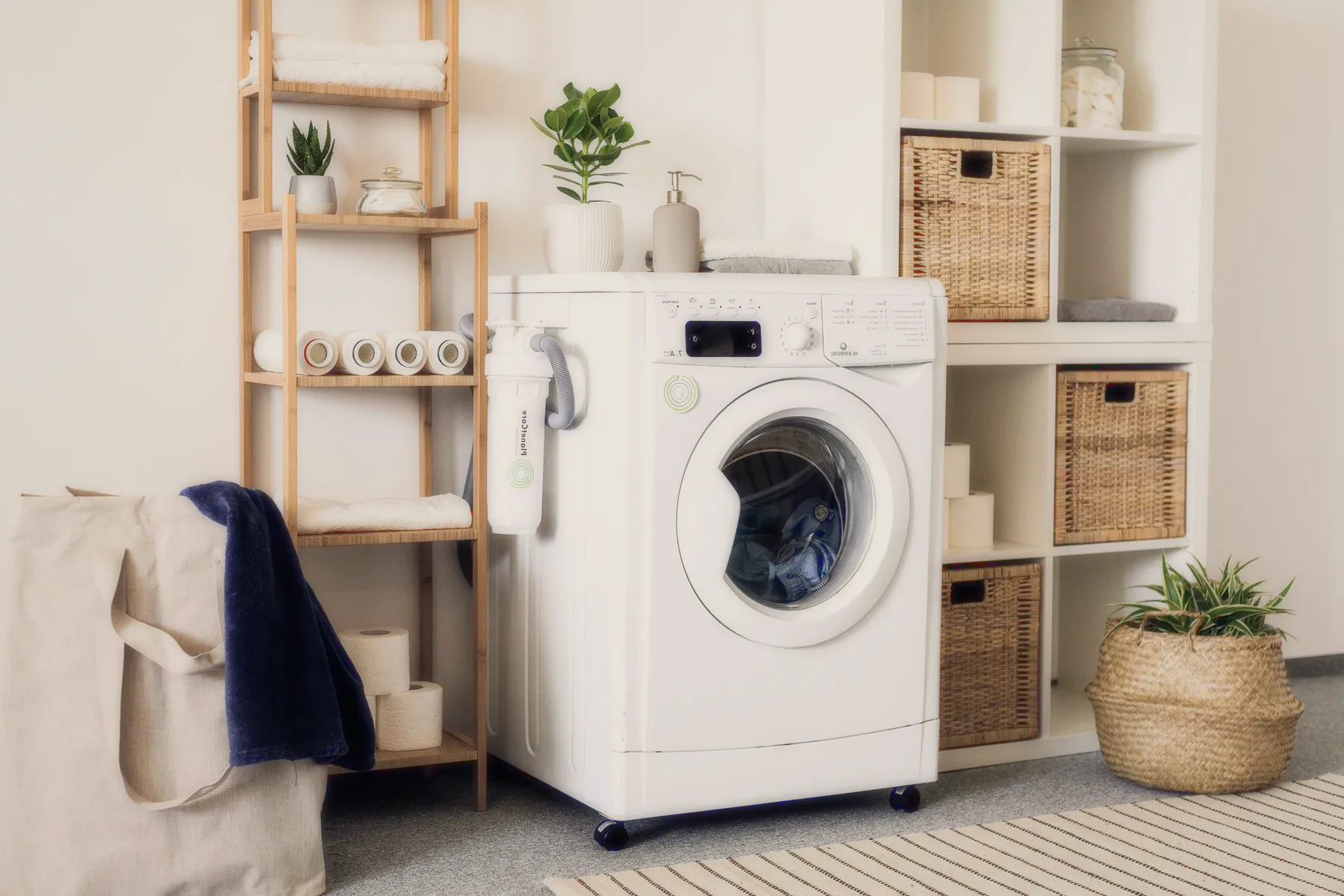 A washing machine among shelves and baskets.