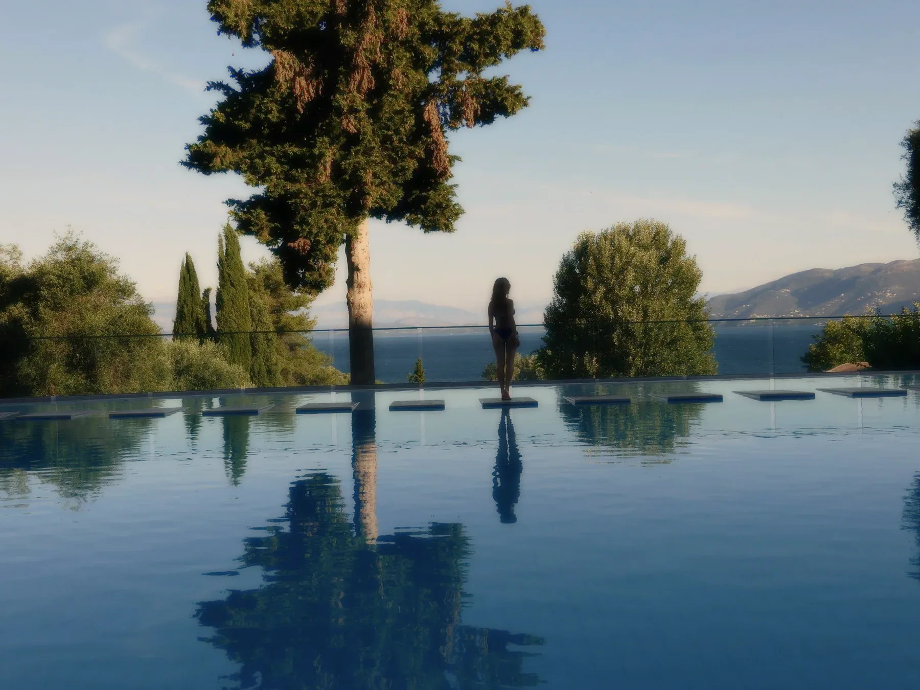 A figure at the rail of an infinity pool, a tall pine behind.