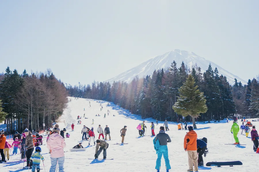 Families playing on a snow slope, with Mount Fuji behind the trees.