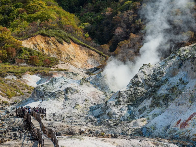 Steam rising from the rocks of the hell valley in Noboribetsu.