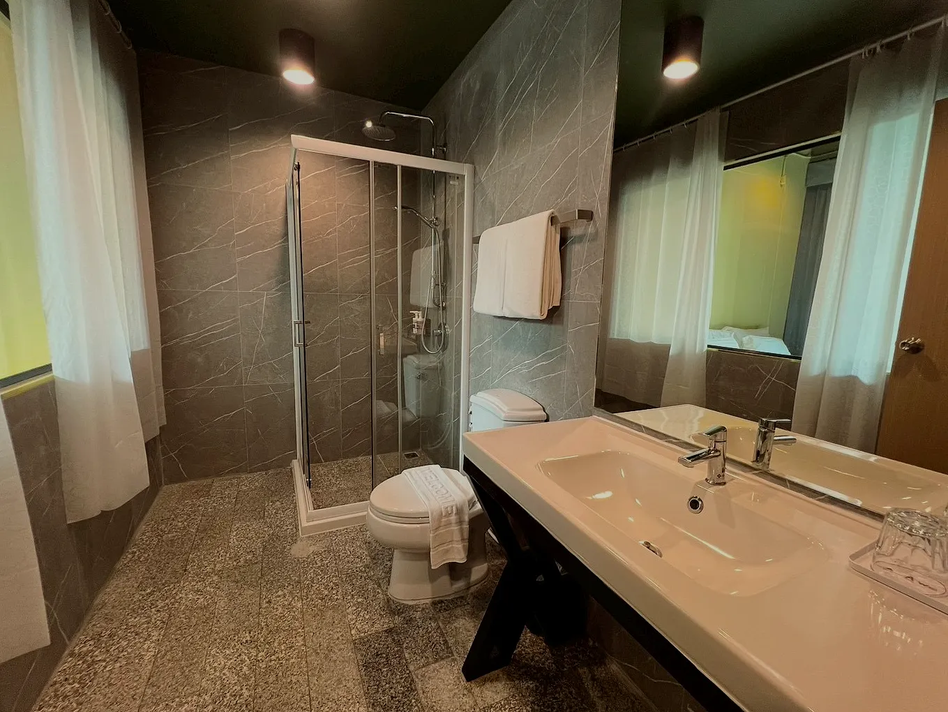 The bathroom: a glass shower, a long white basin and a dark tiled wall.