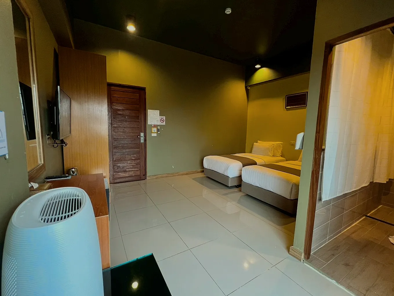 Two single beds by the window, an air purifier at the foot.