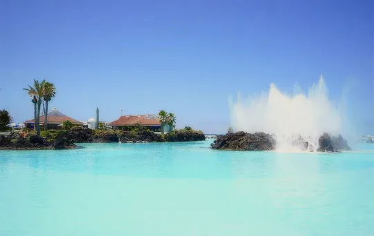 A lagoon pool with a fountain and palm trees.